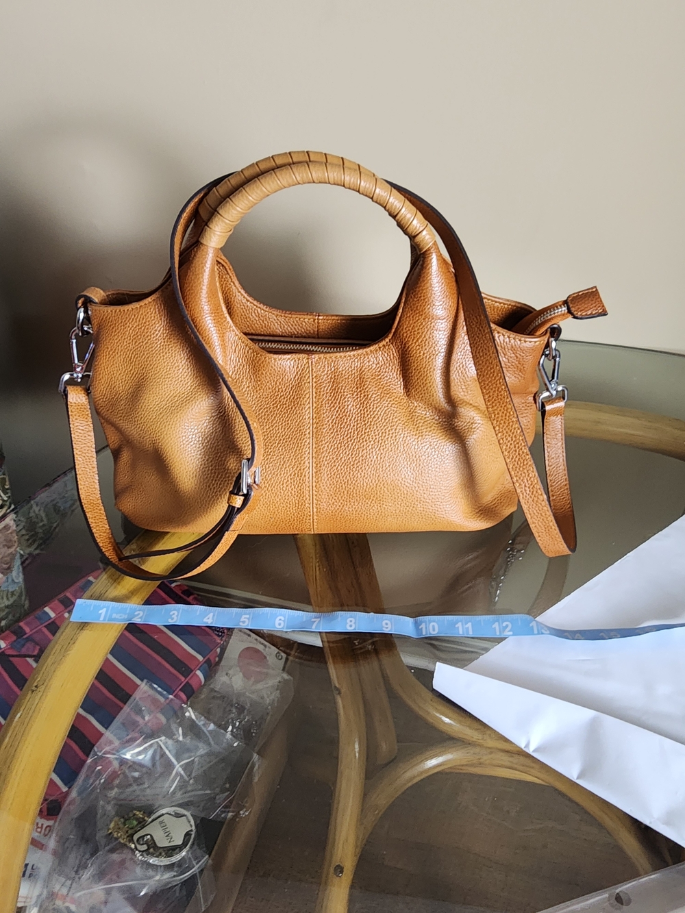 Structured Tan Leather Shoulder Bag with Wrapped Top Handle - Picture 2 of 15
